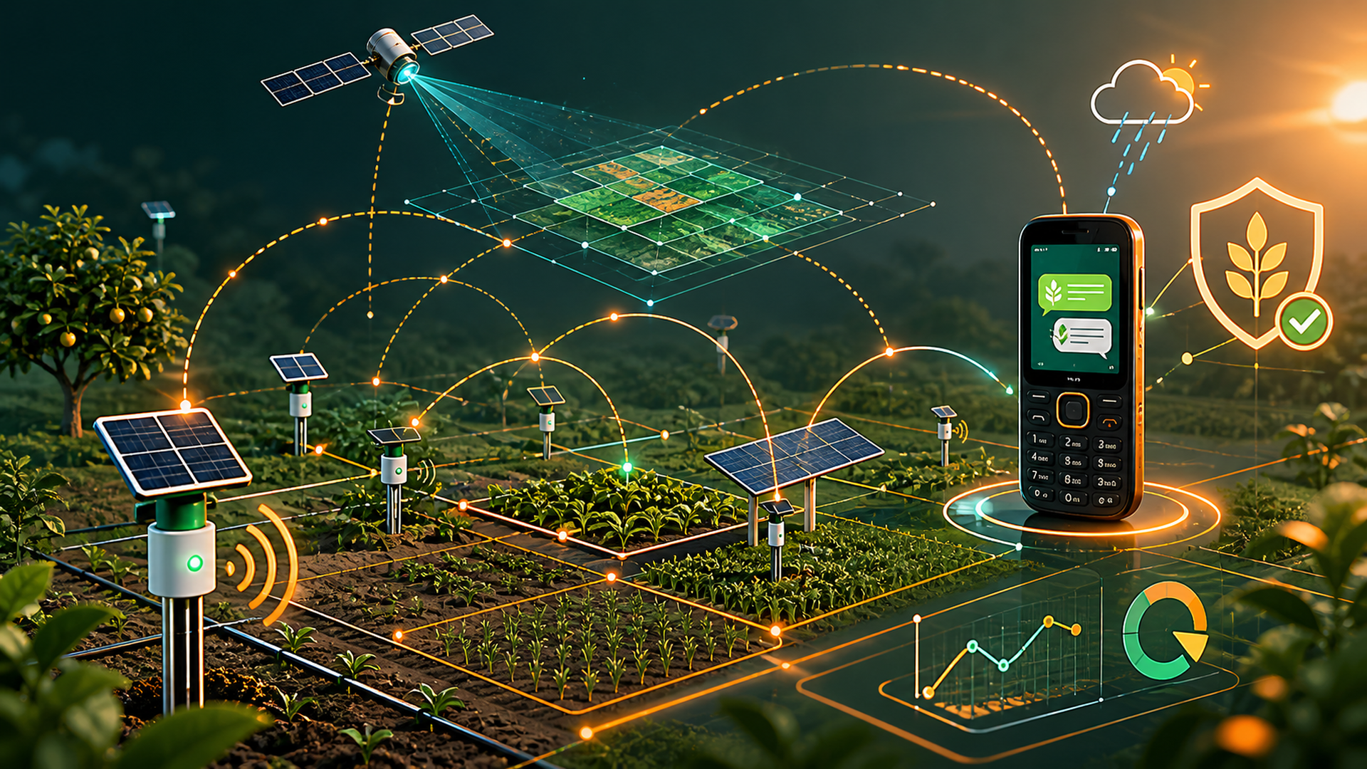 AgroSense AI setup showing solar soil sensors, satellite intelligence, and SMS advisory for smallholder farms.
